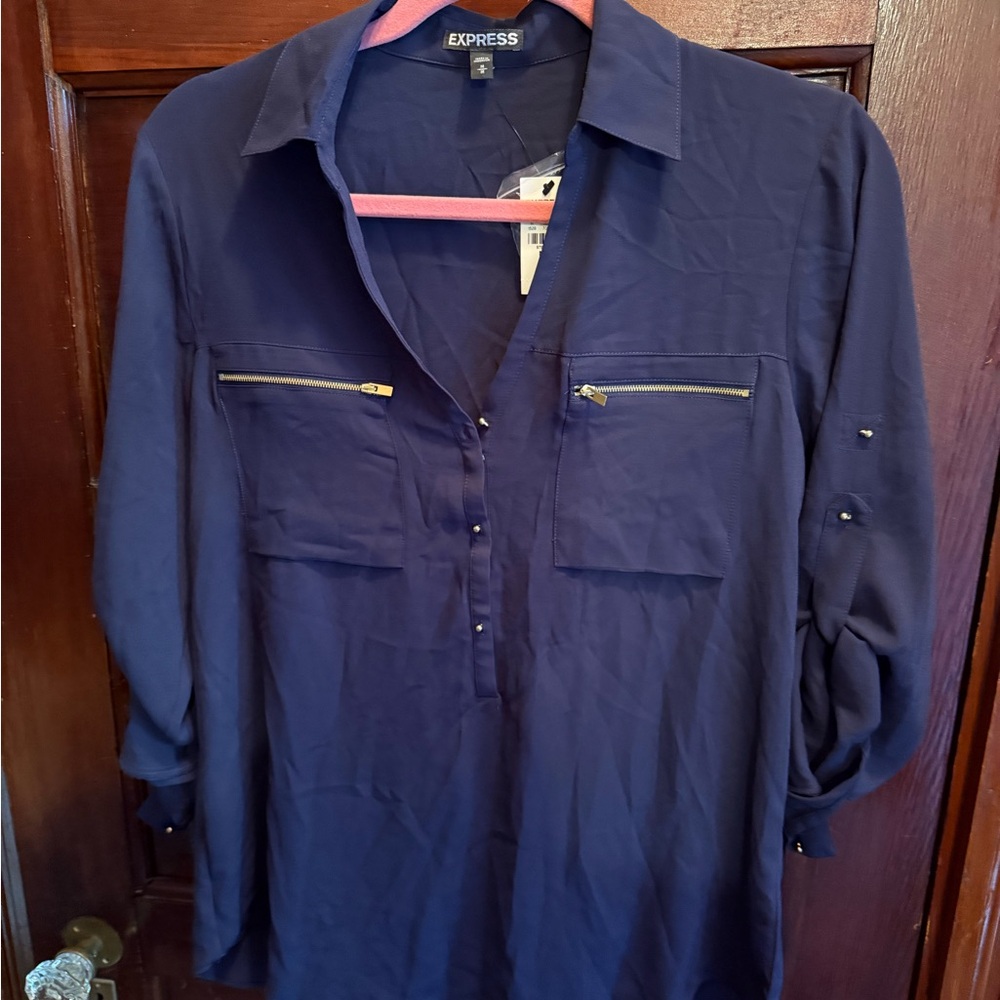 Express Navy Blouse with Zipper Details